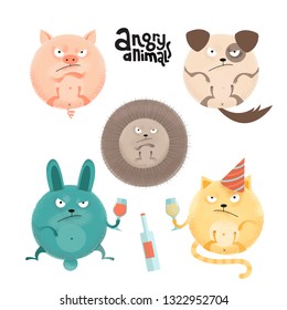 Set of angry roung anilams and pets. Flat cartoon style illustration with textures of pig, dog, hedgehog, rabbit, cat with wineglasses and bottle. Collection with lettering quote.