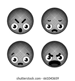 Set with angry & sad & crying faces - emojis drawn with black and white colors