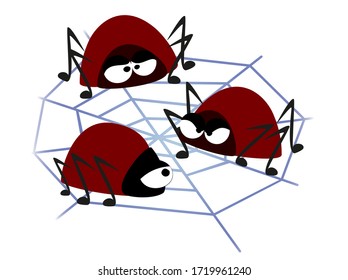 Set of angry spiders on a web background. Collection of funny cartoon insects in kawaii style. EPS10 vector illustration