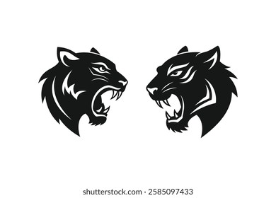 Set of Angry Tiger Head Silhouette Logo Black Side View Vector Illustration.