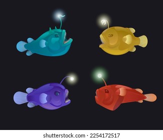 Set of angry toothy anglers with lanterns bait. Vector cartoon detailed illustration of anglerfish. Deep sea fauna.