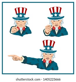 Set of angry uncle Sam in different poses isolated on white background