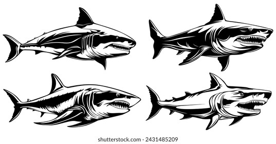 set angry white shark icon logo monochrome design vector illustration