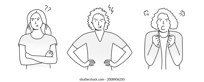 Set of angry women. Hand drawn vector illustration. Black and white.