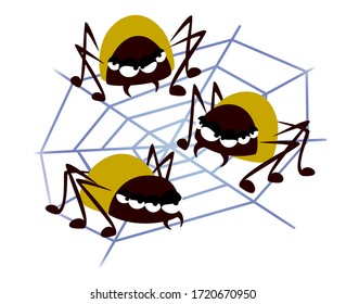 Set of angry yellow spiders on a web background. Collection of funny insects in cartoon style. EPS10 vector illustration