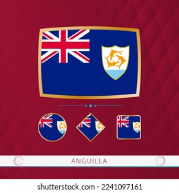 Set of Anguilla flags with gold frame for use at sporting events on a burgundy abstract background. Vector collection of flags.