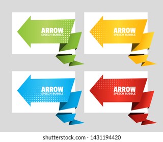 Set of angular origami arrow speech bubble isolated on white for design of advertisement label, sticker, discount price tag. Dialogue banner for your message from paper origami arrow. Vector