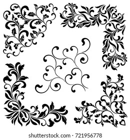 A set of angular ornaments. Ideal for stencil. Ornate tracery of swirls and leaves isolated on white background. Decorative vintage style.