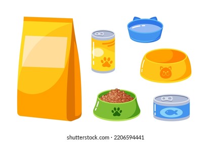 Conjunto de Accesorios para Animales, Iconos de Comida para Mascotas Aislados. Paquete con alimentación seca para gatos o perros, Bowl de plástico con galletas, aperitivos deliciosos, vainas de estaño con comidas deliciosas. Ilustración del vector de dibujos animados