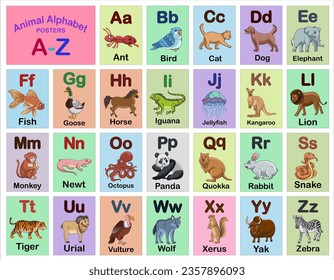 Set of Animal Alphabet poster design illustration for kids A to Z for education and game 