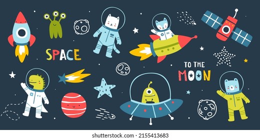 Set of animal astronauts in space and spaceships. Cute bundle with cosmonauts. Collection of doodle cosmic stickers.