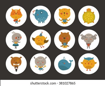 Set of animal avatars, cute baby animal stickers. Vector fox, rabbit, cat, merinos, bird, elephant, whale, turtle, bear, dog, owl and sheep
