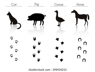 Set of Animal and Bird Trails with Name.Vector Set of Black Farm Animals and Birds Silhouettes: Cat, Pig, Goose, Horse. Hand Drawn Vector Illustration.
