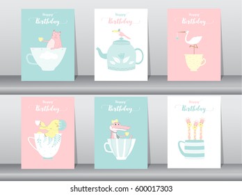 Set of animal birthday cards, poster, template, greeting cards, sweet, Vector illustrations