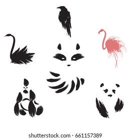 Set of animal. Black swan. Black raven. Pink flamingo. Raccoon. Gorilla. Panda.