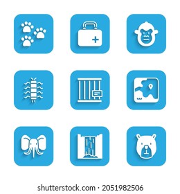 Set Animal cage, Waterfall, Bear head, Africa safari map, Elephant, Centipede insect, Monkey and Paw print icon. Vector