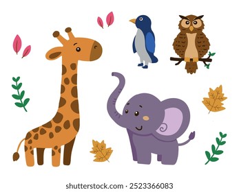 Set of animal cartoon illustration. Giraffe, elephant, owl, and penguin
