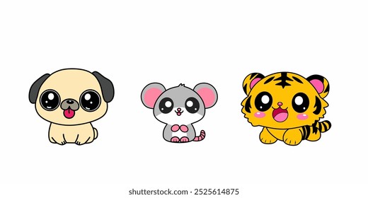 Set of animal cartoon in kawaii style. Bulldog, tiger, rat  vector illustration.
