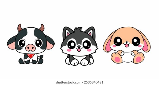 Conjunto de dibujos animados de animales en estilo kawaii. Vaca, shiba inu, conejo. Ilustración vectorial plana de los niños aislada en el fondo blanco