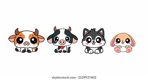 Conjunto de dibujos animados de animales en estilo kawaii. Vaca, shiba inu, conejo. Ilustración vectorial plana de los niños aislada en el fondo blanco