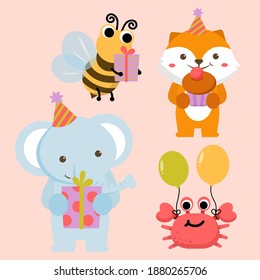 set of animal character with Bee, elephant, fox and crab