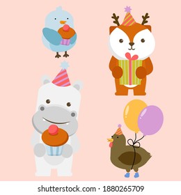 set of animal character with Chicks, hippo, ducks and foxes