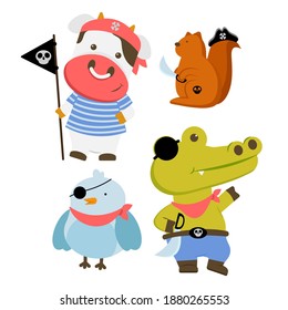set of animal character with A cow, a squirrel, a chicken and a crocodile dressed in pirate costumes.