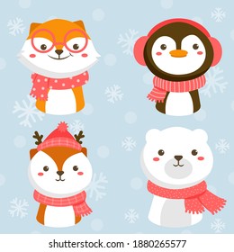 set of animal character with Fox, rabbit, penguin and white bear
