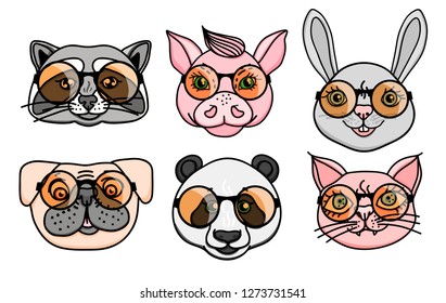 Set Animal character head dog, raccoon, pig, panda, cat with fun round glasses. Vector character illustration