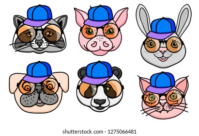 Set Animal character head dog, raccoon, pig, panda, cat in a cap and fun round glasses. Vector hand drawn character illustration