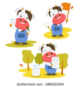 set of animal character with A milk cow with milk in a jug and a glass