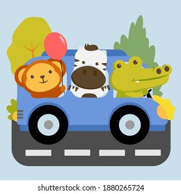 set of animal character with monkey, zebra and crocodile sitting in the car.