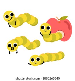 set of animal character with yellow-green caterpillars that pierce apples.