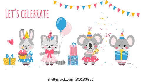 Set of animal characters girls.Bunny holding a muffin,koala holding a party popper with confetti,cat standing with balloons,mouse with a gift.Party-invitations,posters,postcards.Vector illustration.