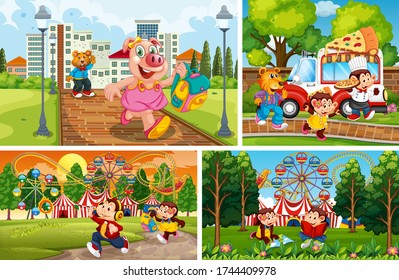 Set of animal children on different outdoor background illustration