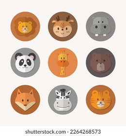 Set of animal circle face. Cute simple animal icon in circle each color. Lion, Deer, Hippopotamus, Panda, Giraffe, Bear, Fox, Zebra and Tiger. 