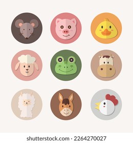 Conjunto de la cara del círculo animal. Icono de animal simple en círculo de cada color. Ratón, cerdo, pato, oveja, rana, vaca, alpaca, caballo y pollo. 