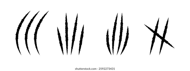 Set of Animal claw scratches and marks. Vector isolated on white background. Scratches from a cat, tiger, lion, dog, jaguar, bear, puma, leopard. Icon. Flat design . claws scratches icon eps 888.