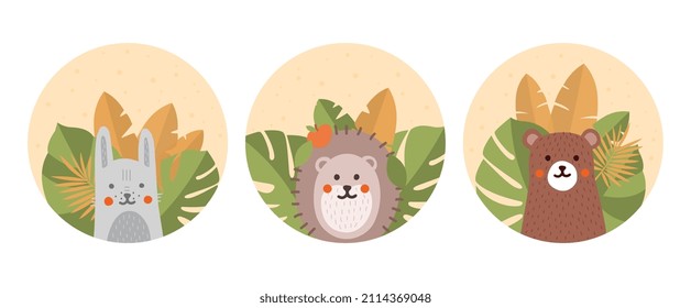 Set of animal. Collection of images with animals. Forest dwellers and wild life. Bear, hedgehog and rabbit. Social media sticker. Cartoon flat vector illustration isolated on white background
