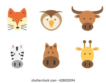 set of animal colorful icon.fox,owl,buffalo,zebra,horse,giraffe