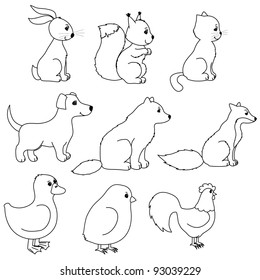 set of animal contours, like rabbit, squirrel, dog, cat, cock, wolf, fox, duck, chicken, line art, coloring