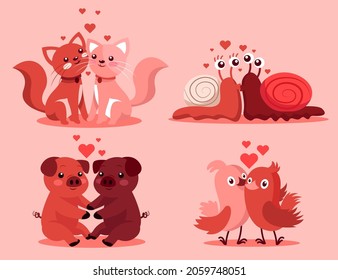 Set of Animal couple in love with cats, snails, pigs and birds on pink background, cute cartoon lovers character, flat vector illustration