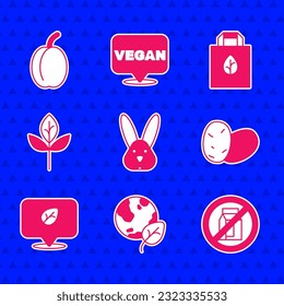 Set Animal cruelty free, Earth globe and leaf, No pack of milk, Potato, Vegan food diet, Leaf or leaves, Shopping bag with recycle and Plum fruit icon. Vector