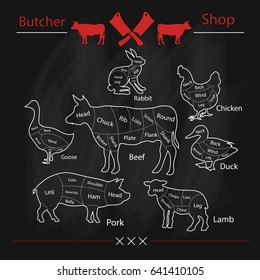 Set of animal cuts for butcher's shop.beef cow, goose, pork, sheep, duck, rabbit, goose, lamb, chicken. Vector illustration
