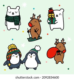 Set of animal in different activity and costume in christmas theme in cartoon character design, vector illustration
