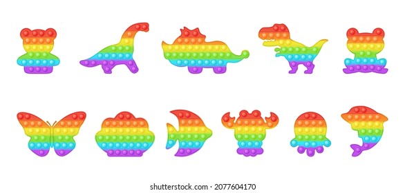 Set of animal and dinosaur forms pop it a trendy rainbow fidget toys. Addictive anti stress toy in bright colors. Bubble sensory fashionable popit for kids. Vector illustration isolated on a white.