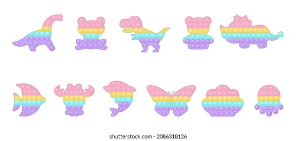 Set of animal and dinosaur forms pop it a trendy pastel rainbow fidget toys. Addictive anti stress toy in pastel colors. Bubble sensory fashionable popit for kids. Isolated vector illustration.