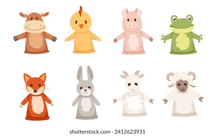 Set of animal doll puppet for children theater cute soft hand toy vector illustration isolated on white background