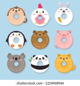 Set of animal donuts. Cute animal illustration