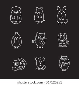 set of animal doodle contours, like  bear, pig, rabbit, chicken, cat, dog, marmot, mouse, owl,  line icons on black background
